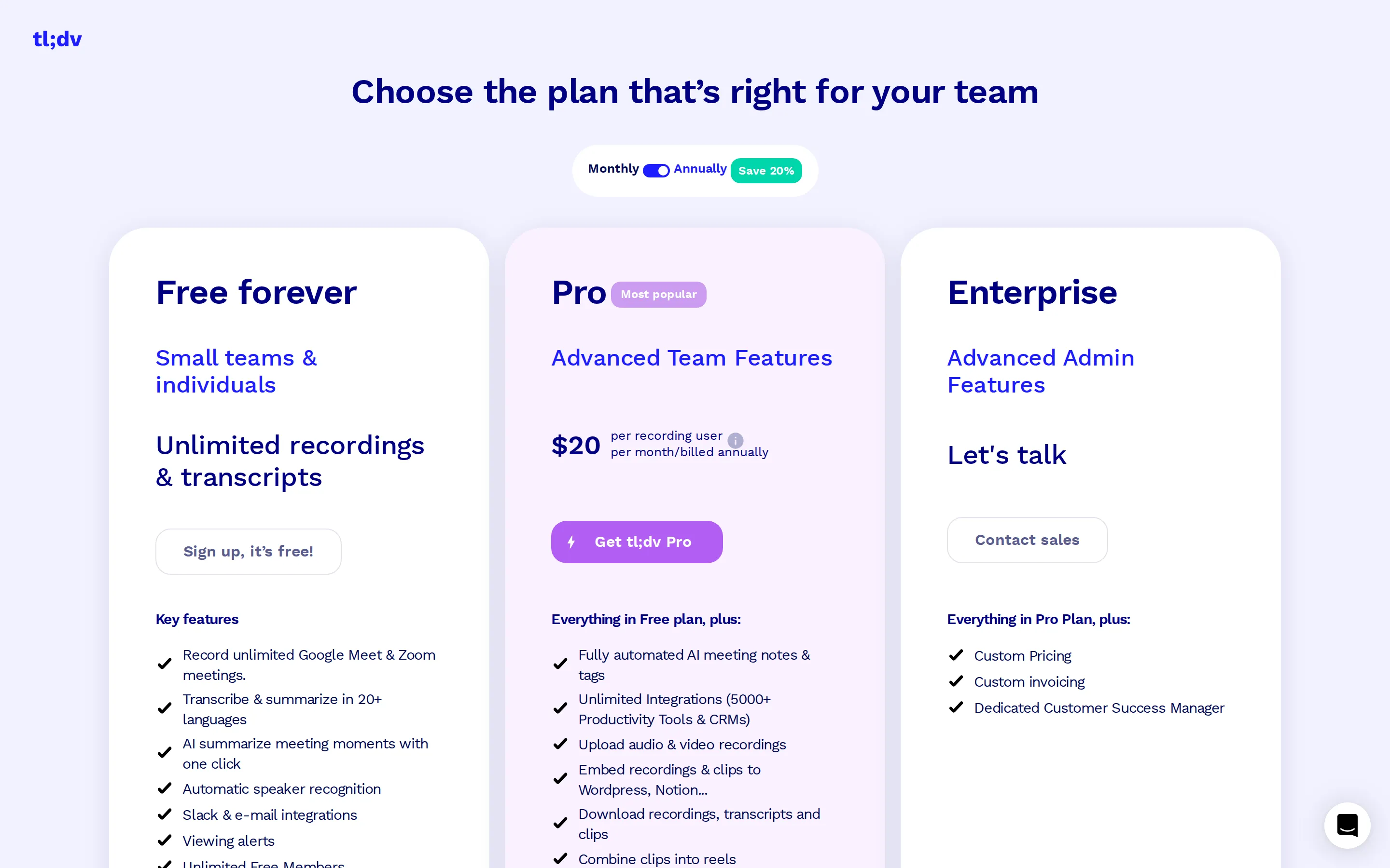 Pro at $20 per recording user (3-tier) - Wayback render shows Free Forever / Pro / Enterprise. Pro billed at $20 per reco