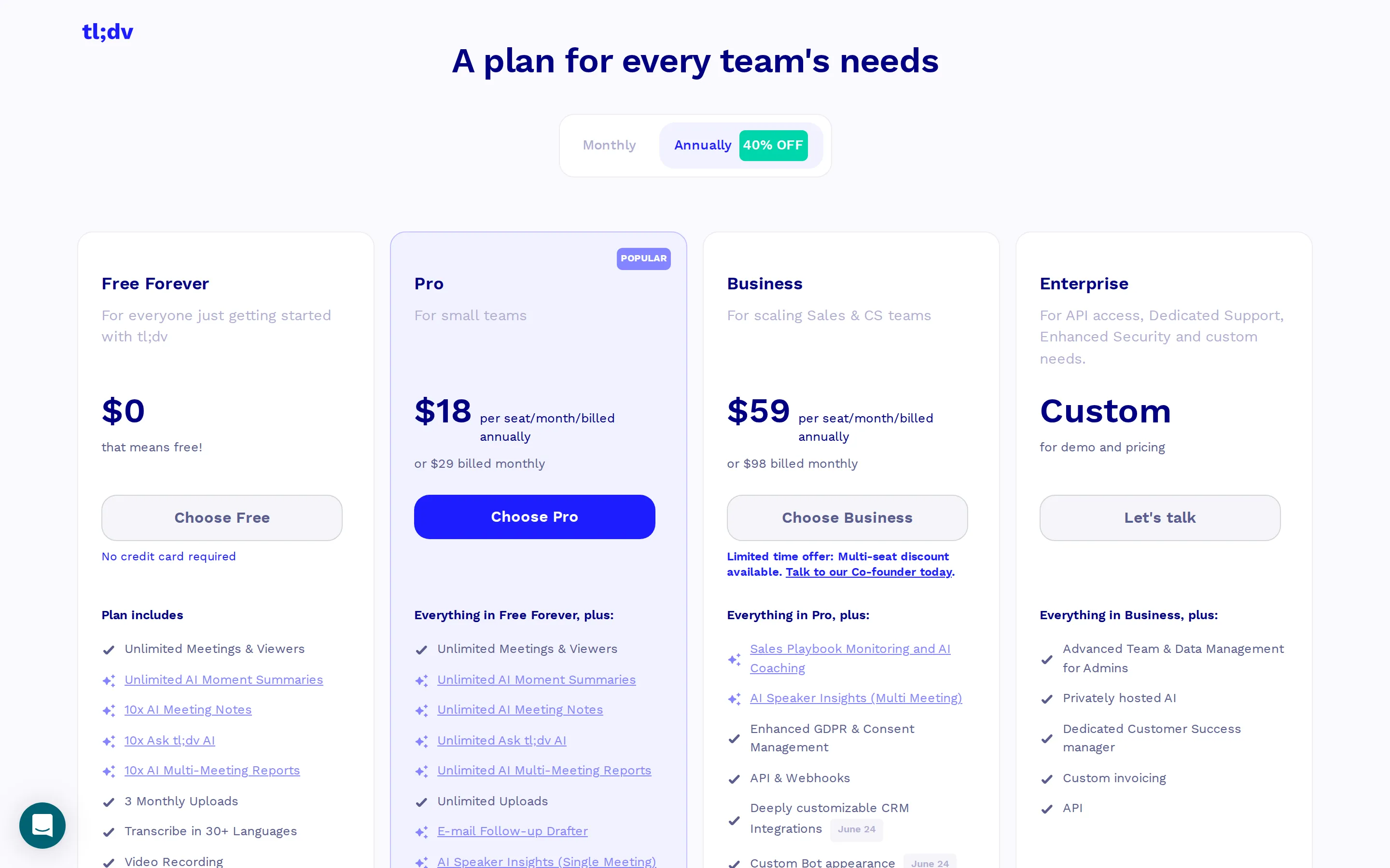 Restructured to four tiers; Business tier added - Moved to a four-tier per-seat model: Free $0, Pro $18/seat/mo annual ($29 monthl