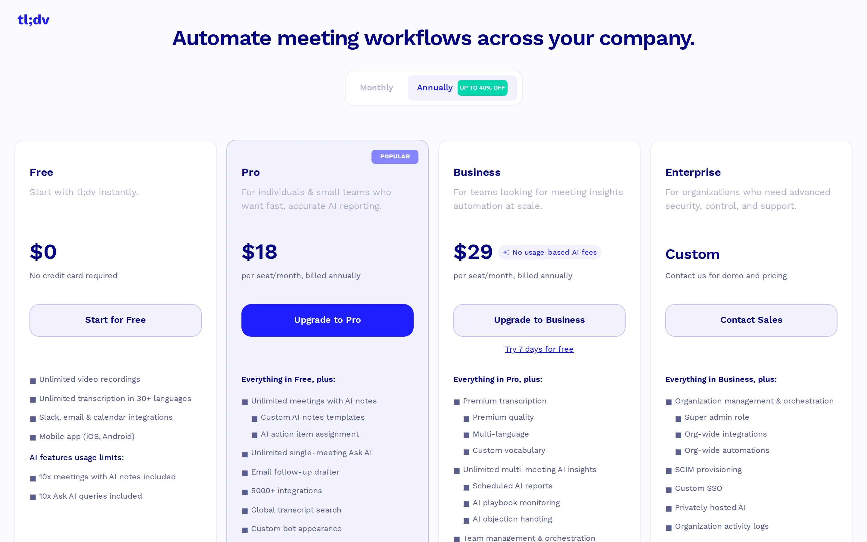 Page redesign; Business cut again to $29 - Pricing page redesigned ('Automate meeting workflows across your company'). Busi