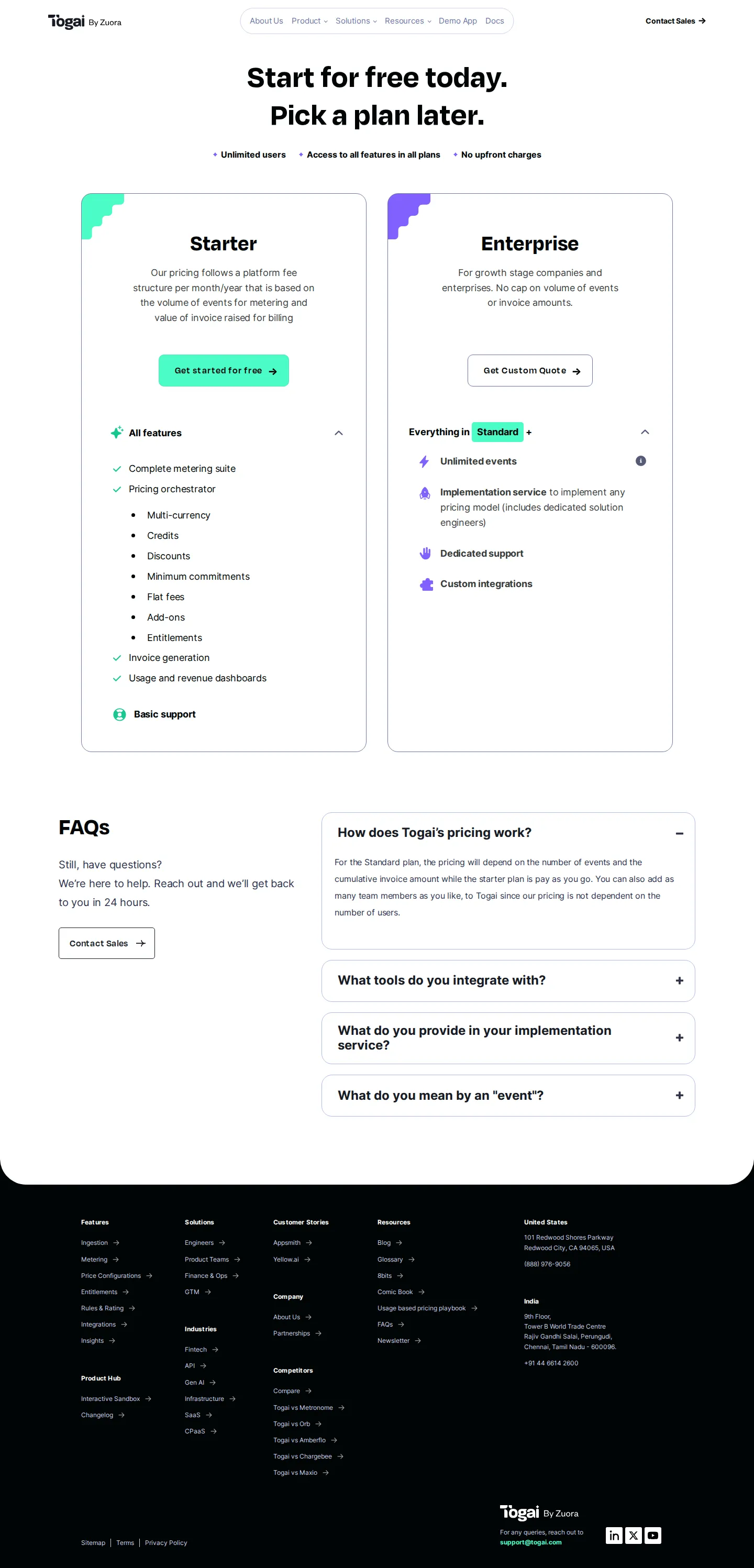 Togai by Zuora — free Starter + sales-quoted Enterprise (no public rates) - Pricing page presents two families with no dollar amounts: a free Starter (platf