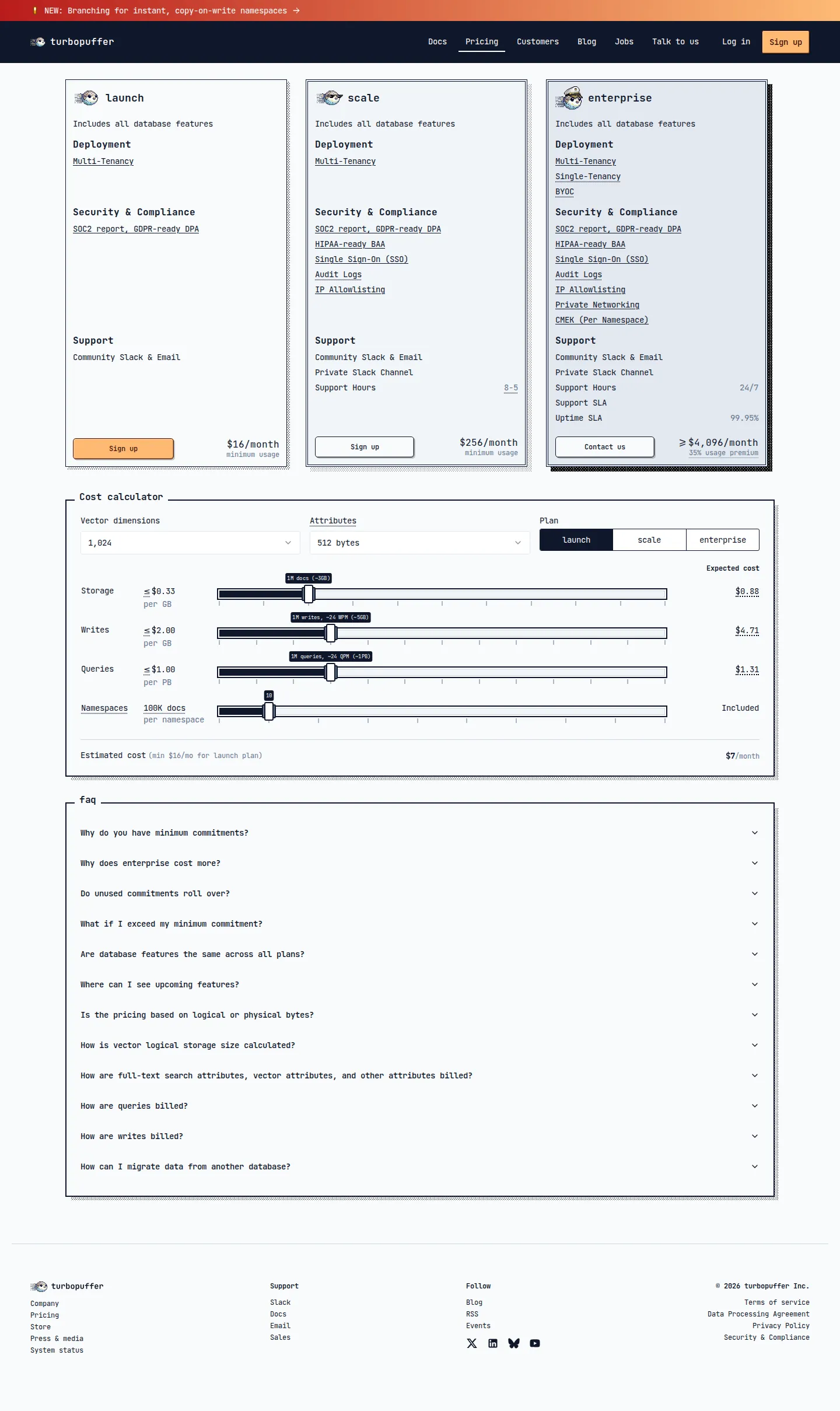 Current snapshot — usage pricing with tier-scaled minimums; IP allowlisting listed on Scale - Three tiers (Launch $16/mo, Scale $256/mo, Enterprise ≥$4,096/mo at a 35% usage 