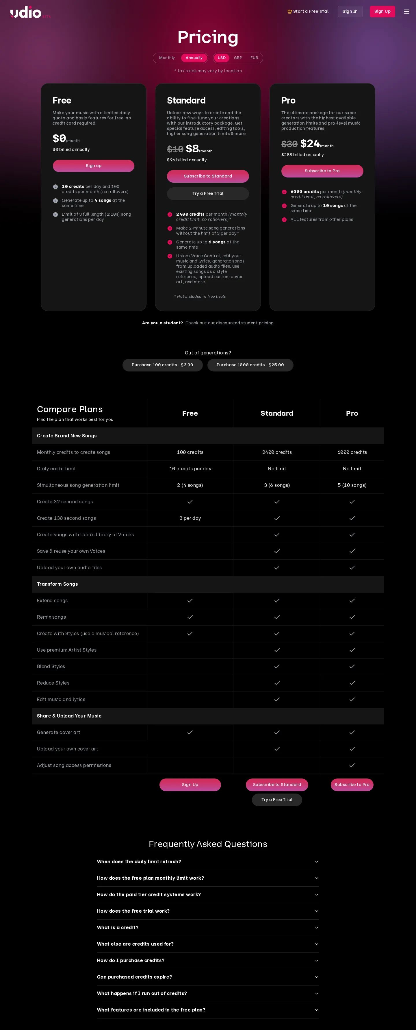 Current tiers: Free / Standard $10 / Pro $30 - Captured live from udio.com/pricing (USD, monthly view): Free ($0, 10 credits/da