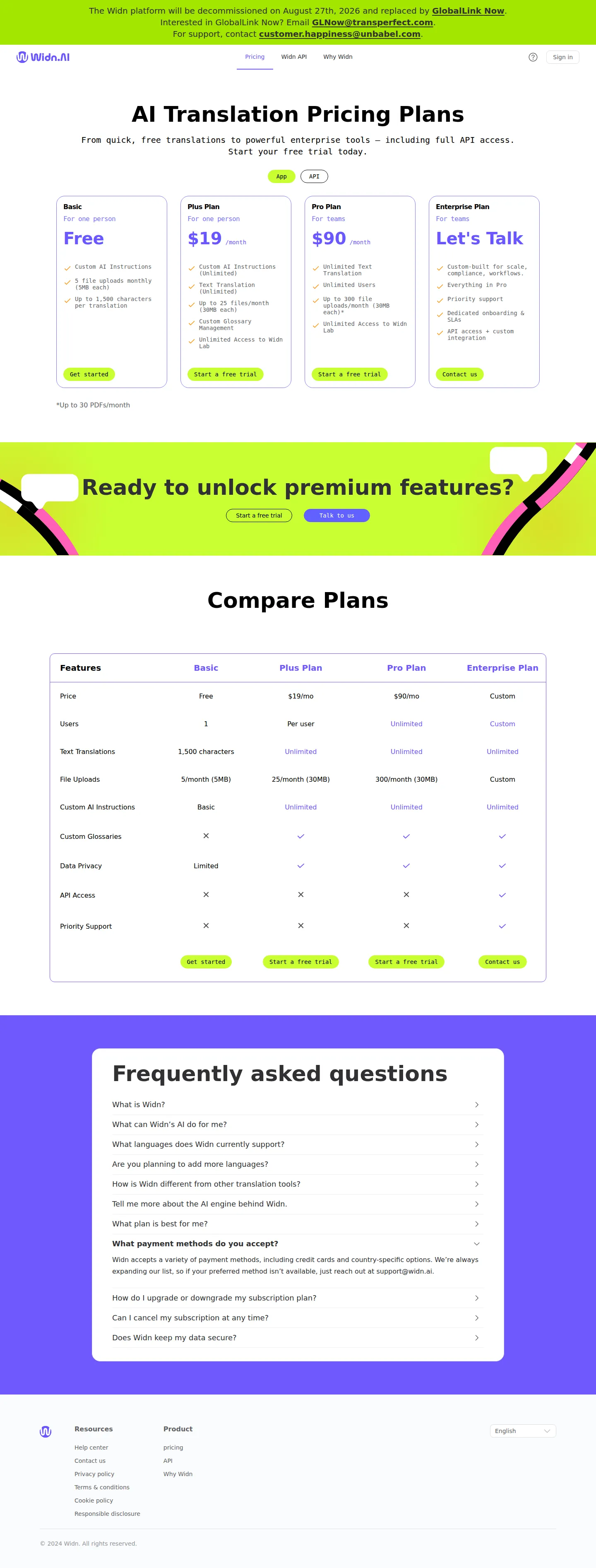 Facts captured — sales-only core + public Widn.ai tiers - Core Unbabel confirmed sales-only (no public price; contact-us is the gate). Wid
