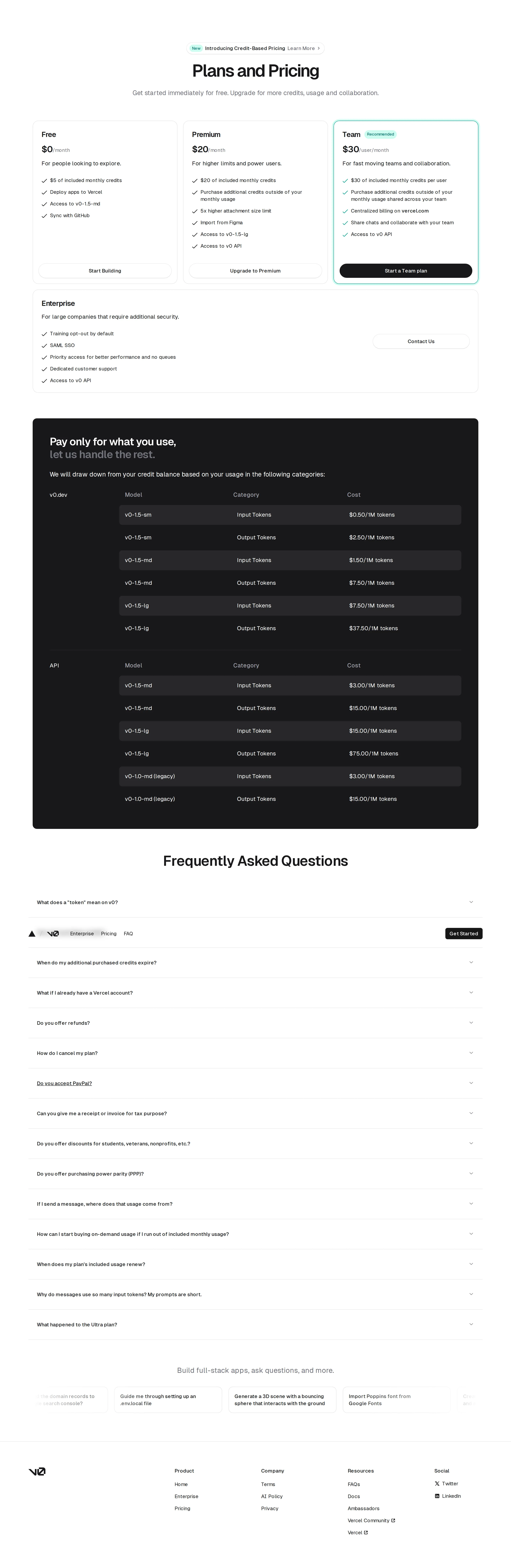 Credit-based pricing live with per-model token rates - v0.app/pricing shows the new credit model: Free $0, Premium $20, Team $30/user, 
