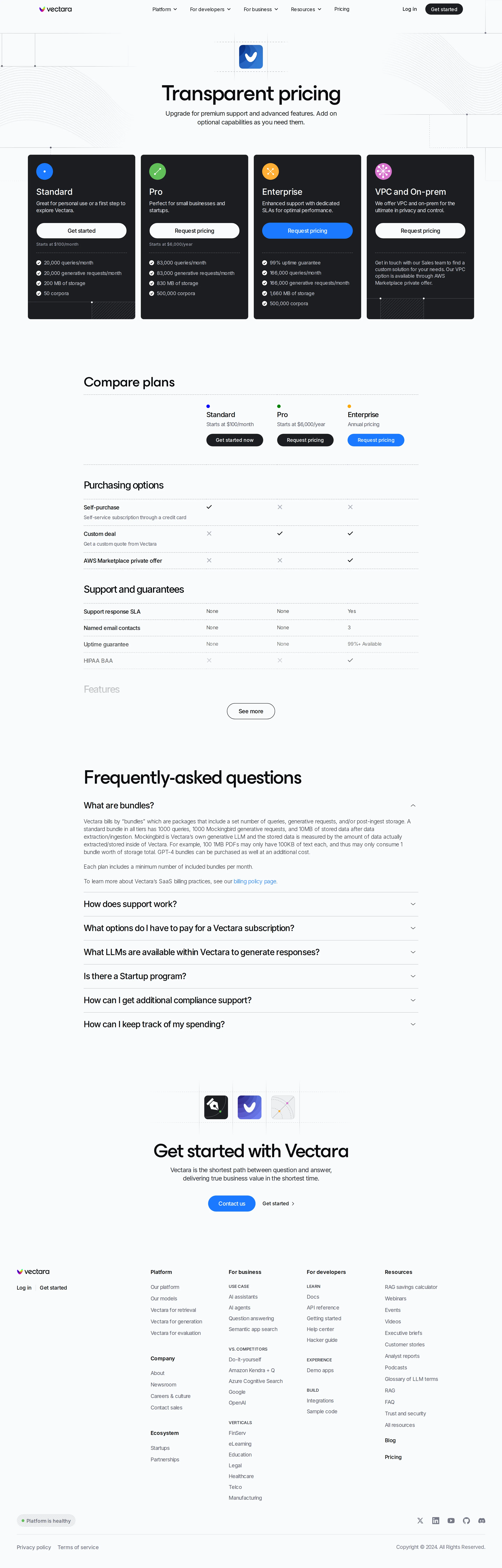Pivot to multi-tier subscription with 'bundles' billing - Vectara replaced Growth/Scale with a four-card 'Transparent pricing' page: Stand
