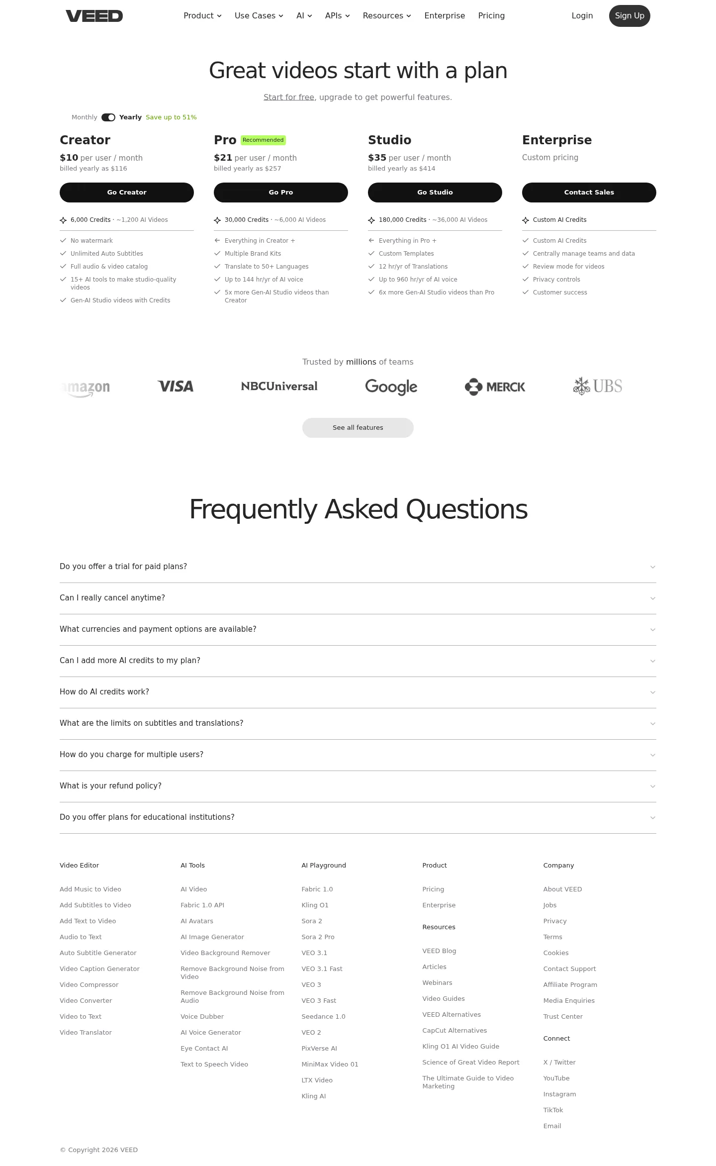 Four-tier seat ladder with annual credit allowances - Captured veed.io/pricing (USD): Free $0 (watermark, 720p, 10-min cap), Creator $