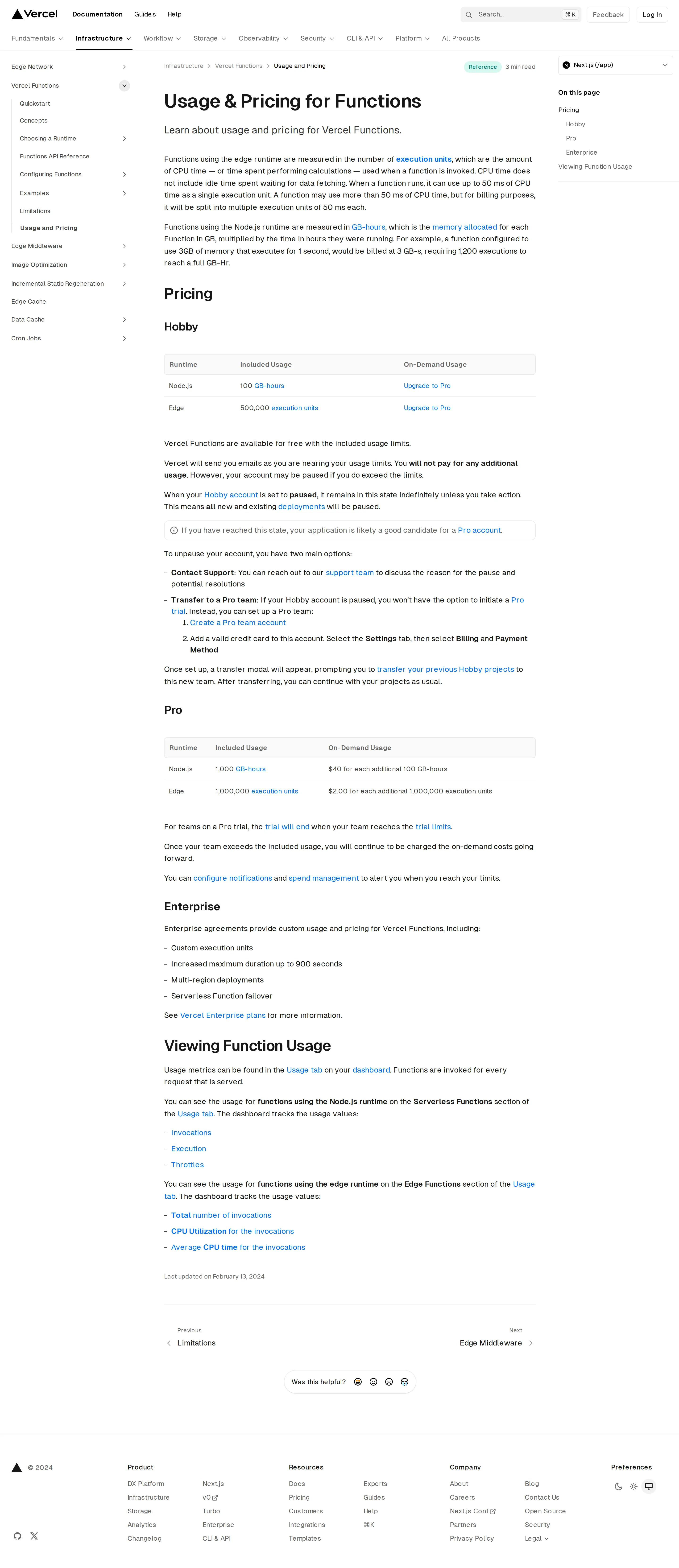 Dedicated Functions Usage & Pricing Docs - A standalone "Usage & Pricing for Functions" docs page documents Hobby, Pro and 