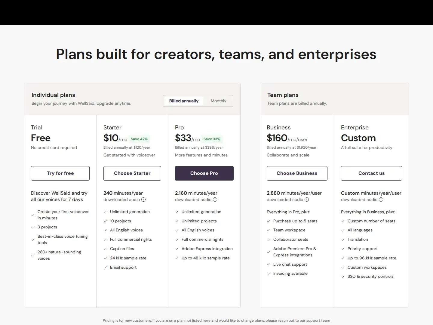 Ladder rebuilt: Starter $10 + Pro $33 added, Creative retired, meter switched to minutes/year - WellSaid replaced the single $50 Creative seat with two new low-end tiers — Star