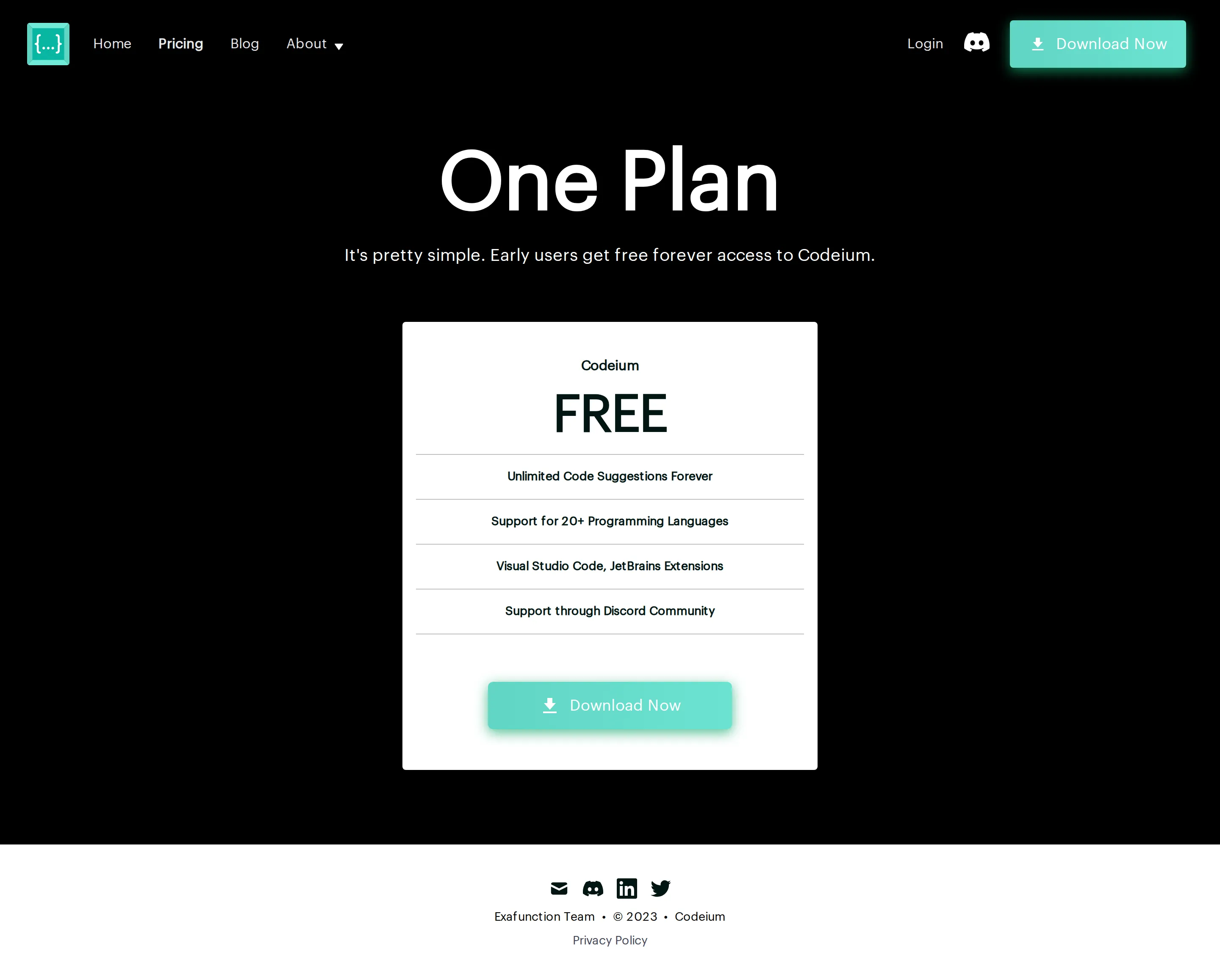 Codeium: one free-forever plan - codeium.com/pricing showed a single plan — 'Early users get free forever access 
