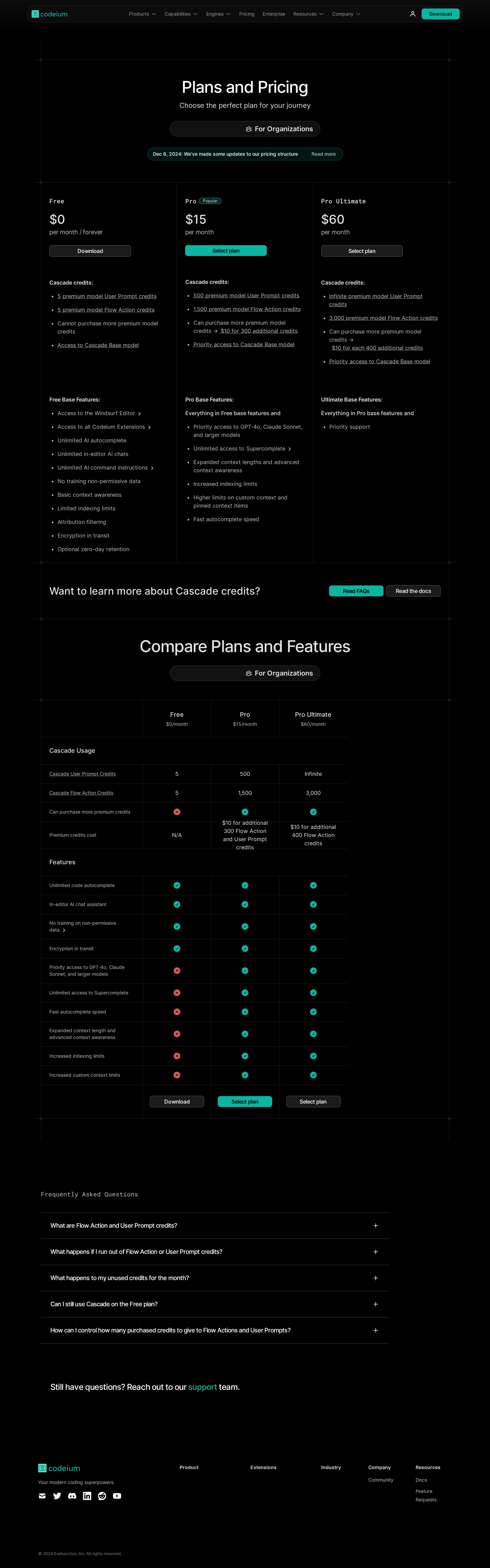Cascade dual-credit system (User Prompt + Flow Action) - Pricing moved from flat seats to credits. Free $0 (5 User Prompt + 5 Flow Action