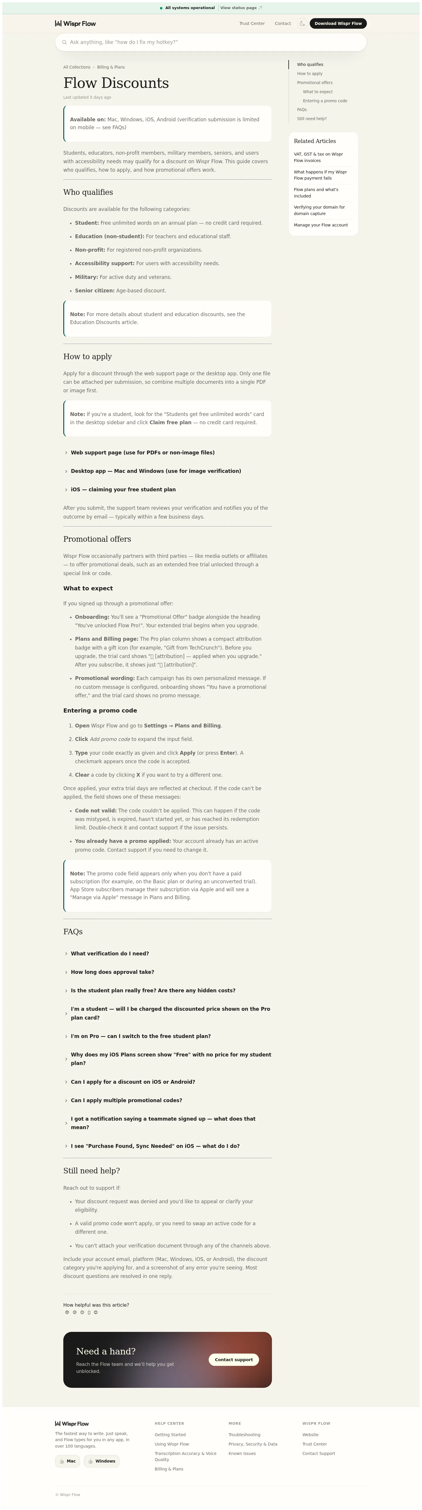 Help center surfaces an undisclosed free student plan - The Flow Discounts help-center article (updated ~2026-07-30) begins describing a