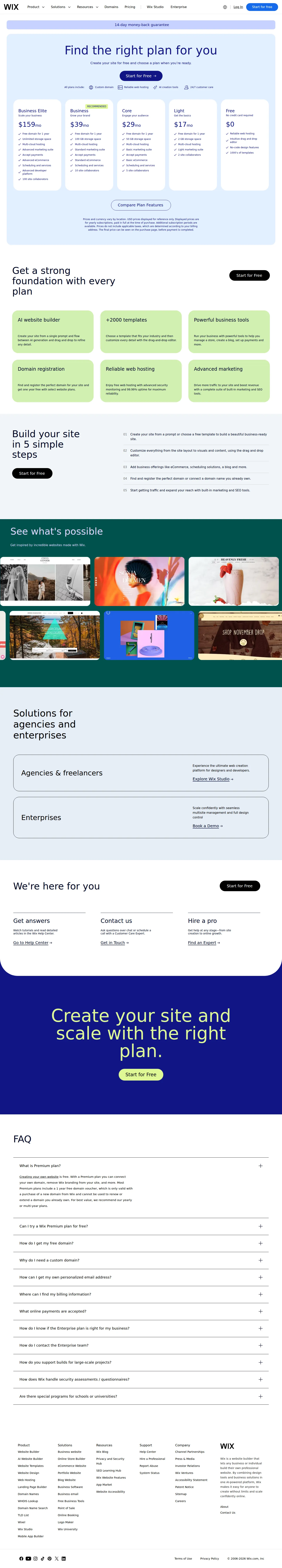 Current state — free tier + four Premium plans + free agency workspace - Wix Premium plans captured in USD (yearly): Free $0, Light $17/mo, Core $29/mo, 
