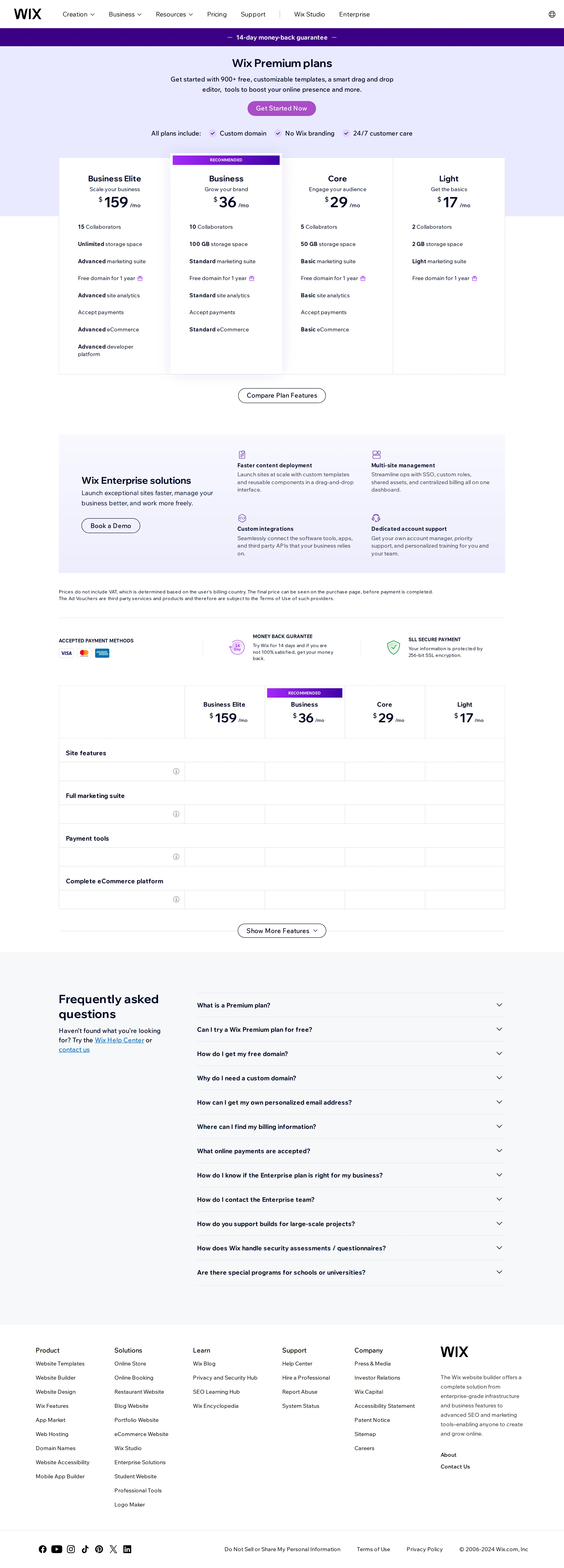 wix.com/plans live with the four-tier Premium restructure - The canonical /plans page shows the Light/Core/Business/Business Elite naming th