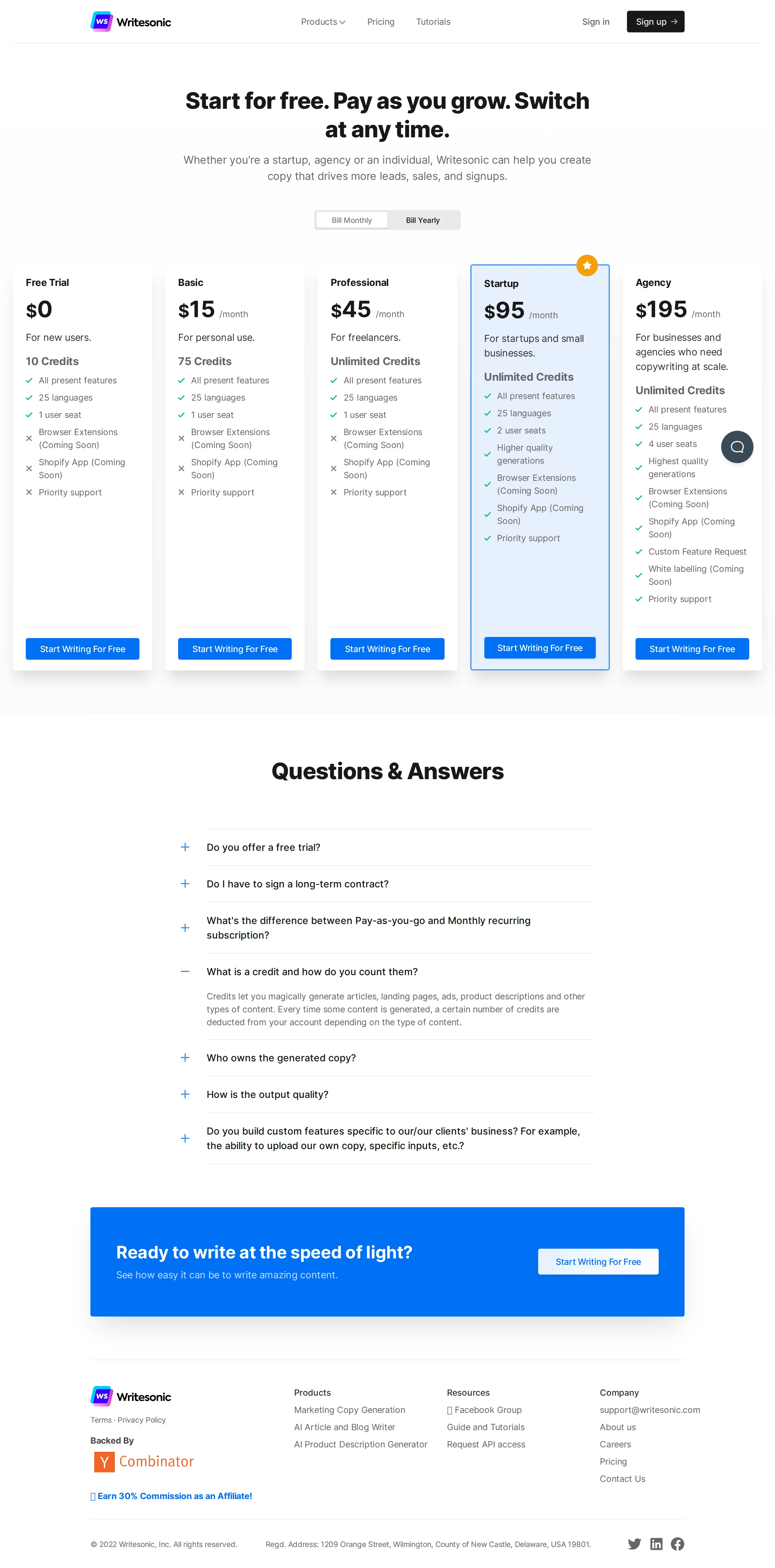 Credit-metered AI copywriting tiers - Earliest archived packaging: a pure AI copywriting tool metered on generation cr