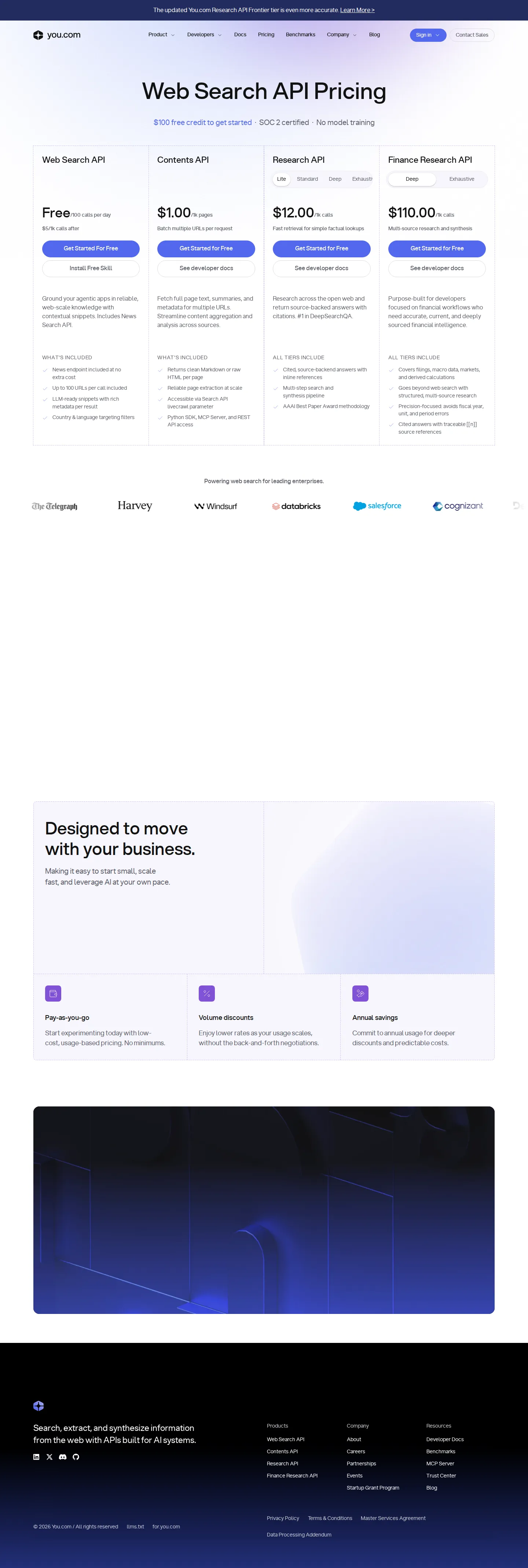 Web Search API adds a 100-calls/day free tier; Research docs add Frontier - The Web Search API pricing card was restructured from a flat $5.00/1k-calls rate