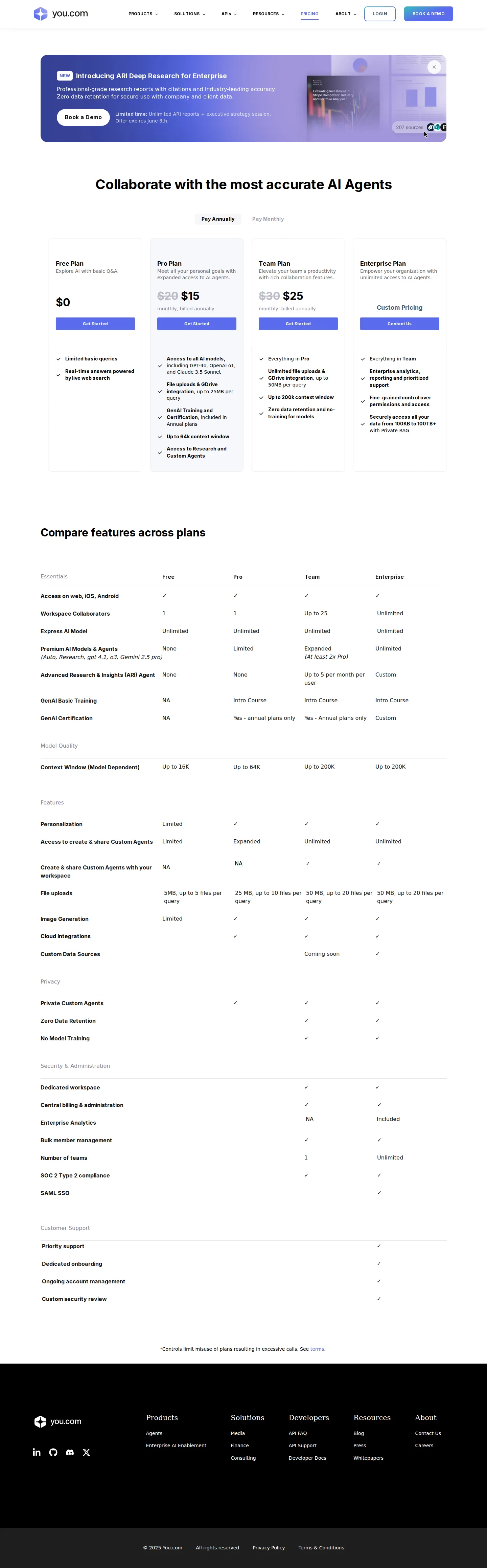 ARI Deep Research for Enterprise surfaces on the plans page - Consumer Pro ($20/$15) and Team ($30/$25) tiers were unchanged, but the plans pa