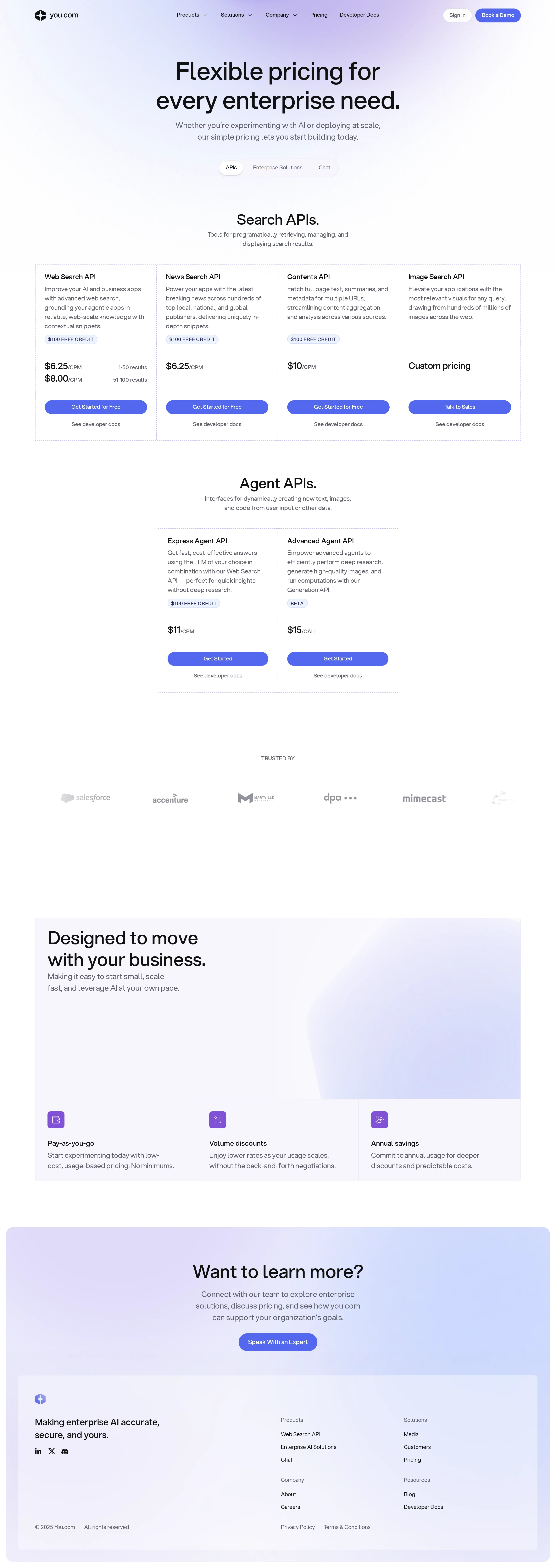 API platform launches at you.com/pricing (per-1k CPM) - you.com/pricing went live as a developer API platform under 'Flexible pricing fo