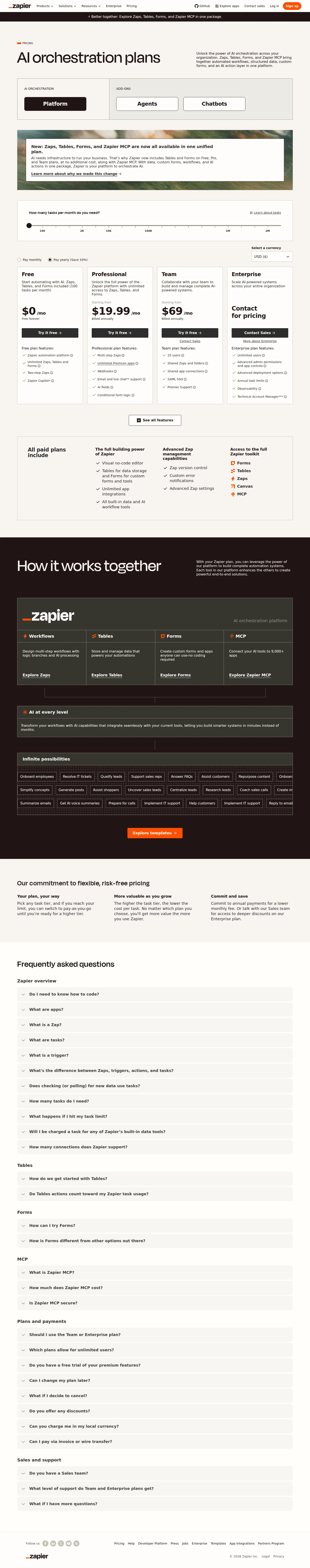 Unified 'AI orchestration' plan on a task-volume slider (current) - Zaps, Tables, Forms and Zapier MCP are bundled into Free, Professional and Team 