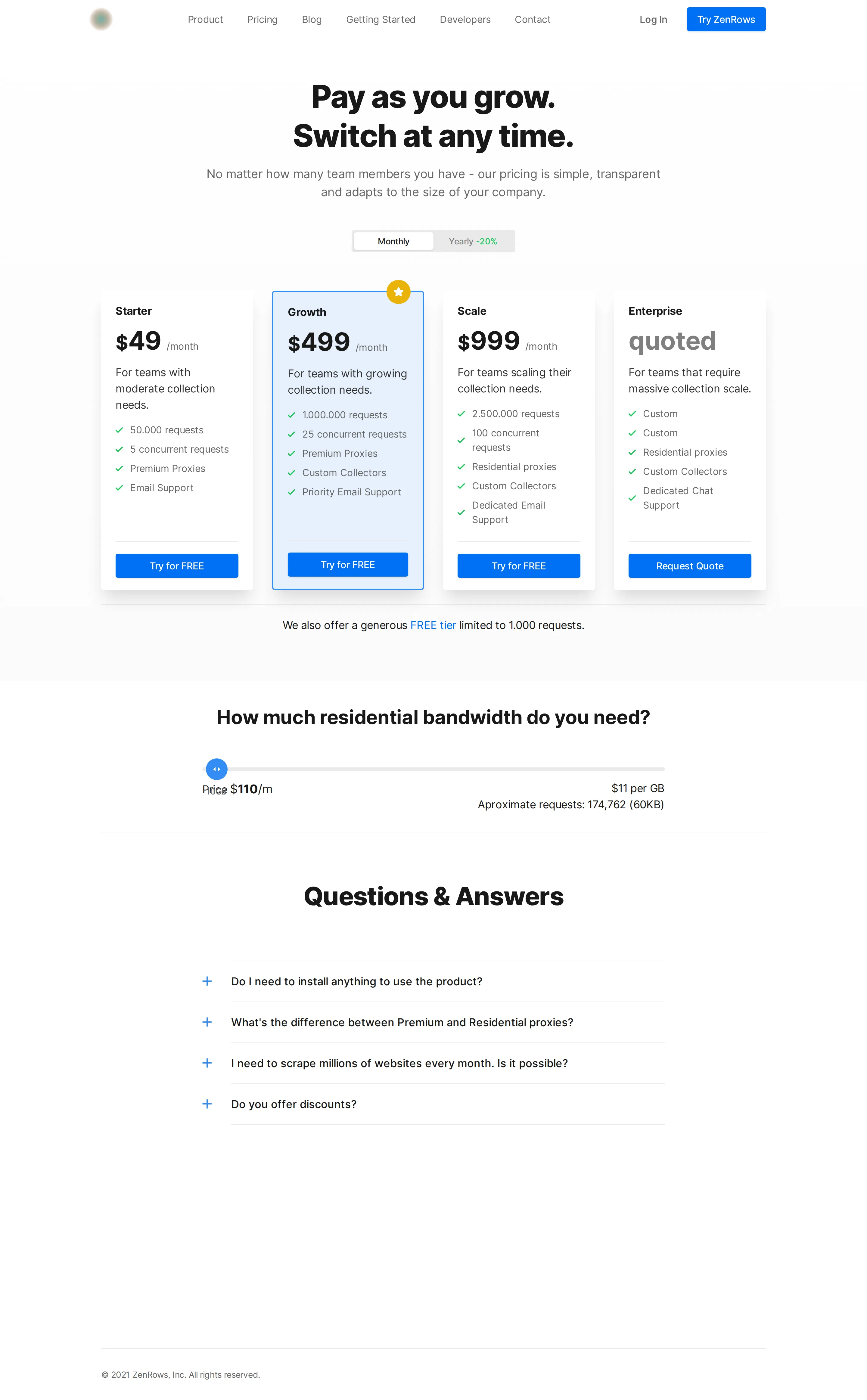 Launch-era request-quota plans (Starter / Growth / Scale) - Earliest archived pricing: Starter $49 / Growth $499 / Scale $999 per month, plu