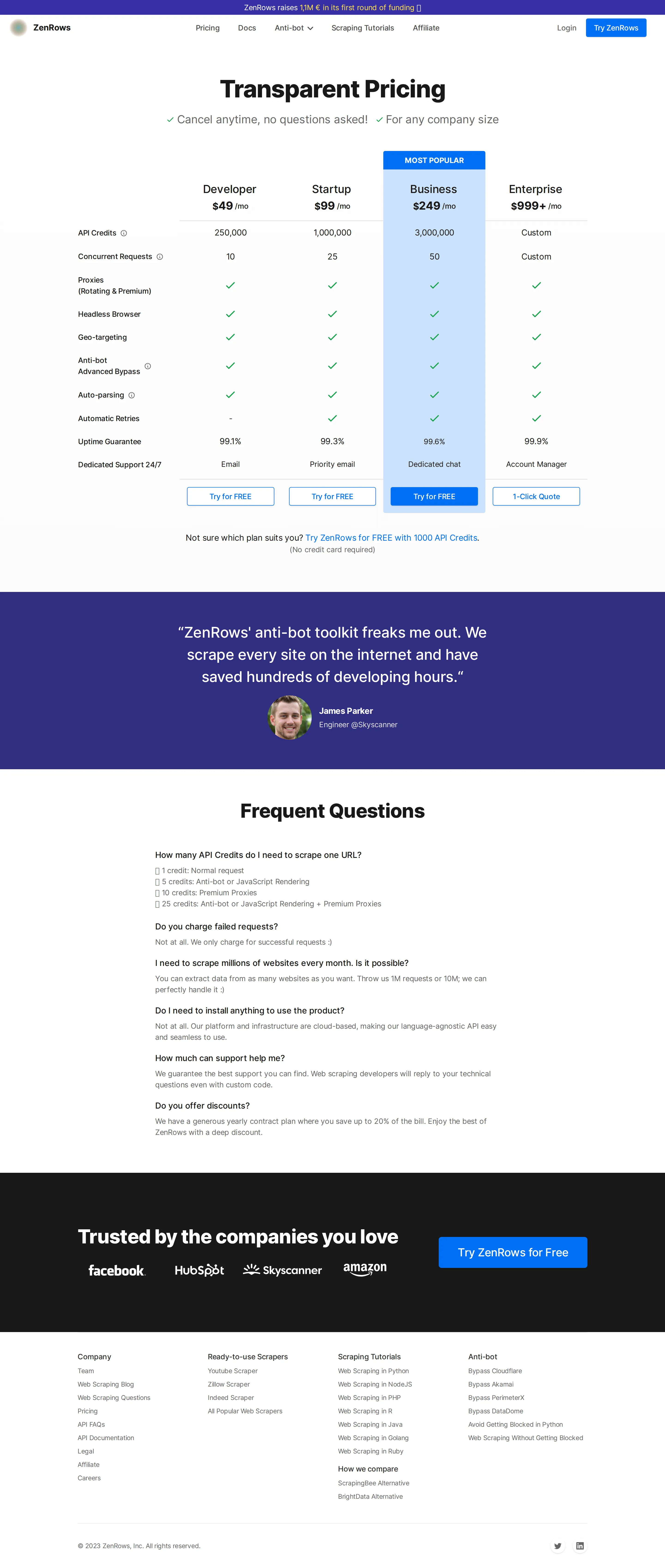 Comparison-grid pricing; Enterprise quoted at $999+/mo - Same Developer $49 / Startup $99 / Business $249 headline, restyled as a feature