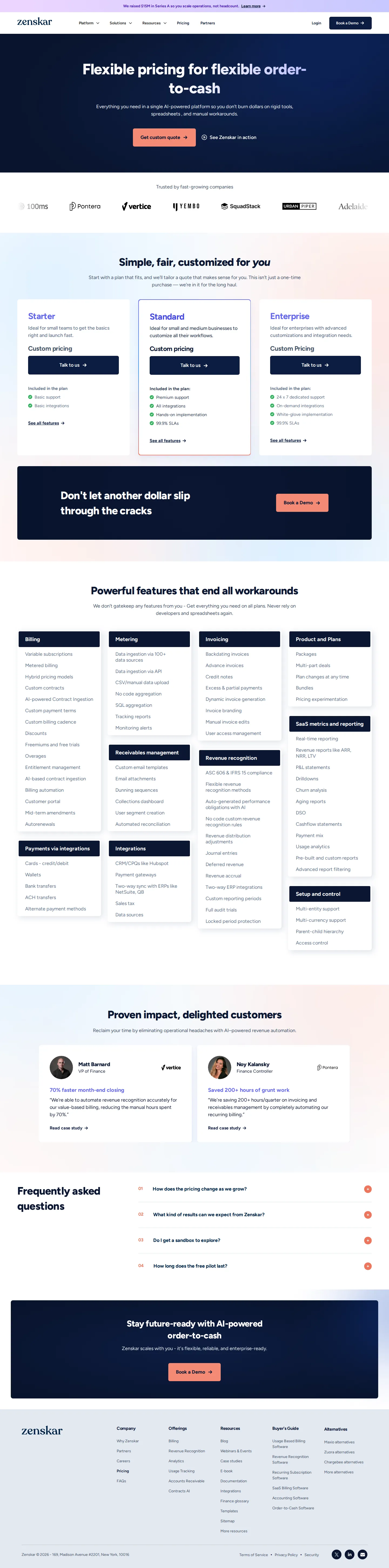 Three custom-quoted tiers; 'no % of revenue' made explicit - Current shape: Starter / Standard / Enterprise, all 'Custom pricing / Talk to us
