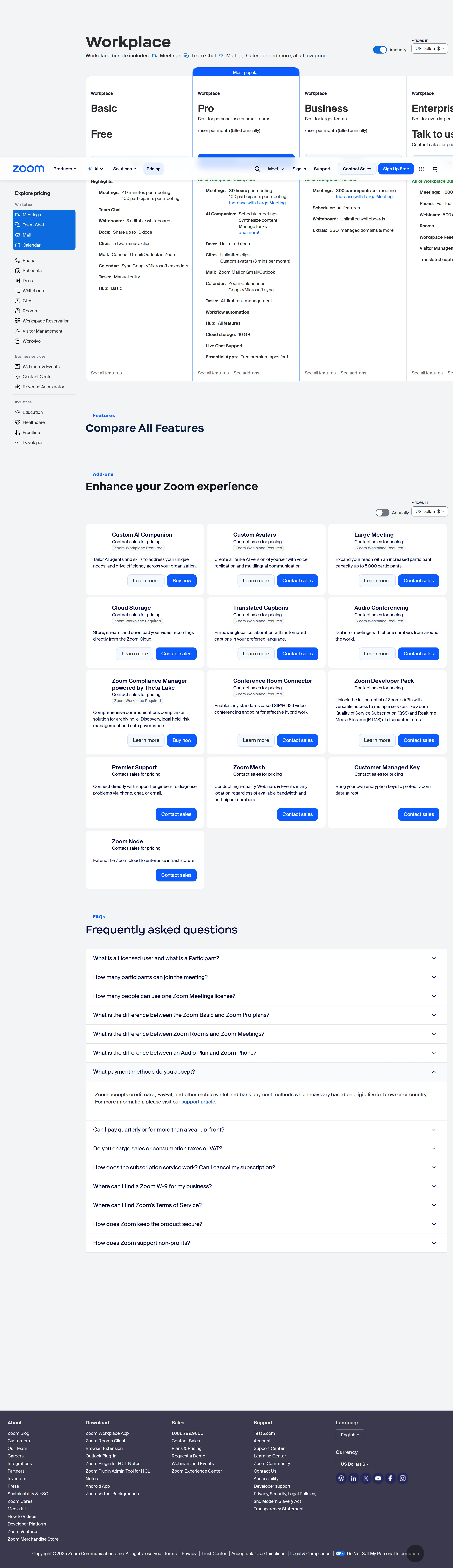 Pricing page redesign — new left-sidebar product taxonomy - The 2025-10 snapshot (web.archive.org/web/20251002190217/https://zoom.us/pricing